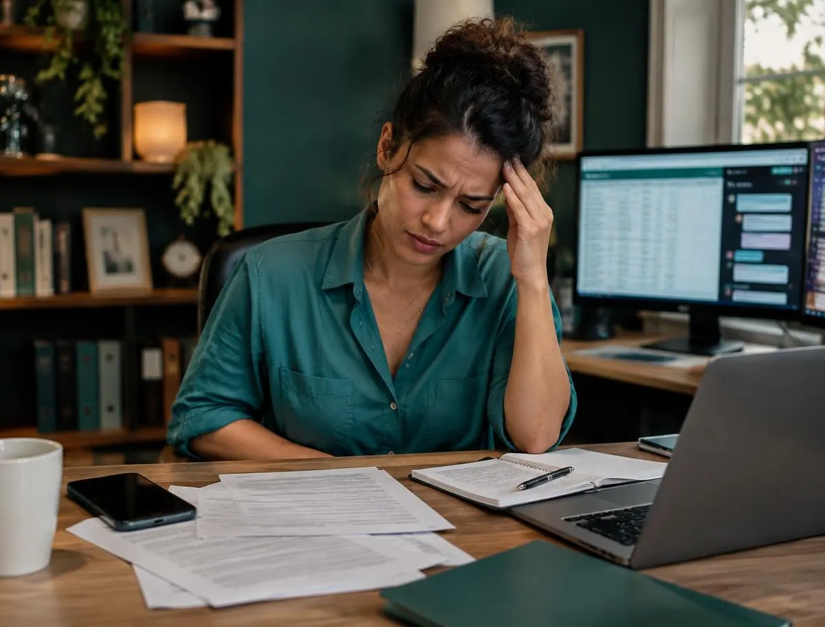 Dona de agência cansada diante de contratos impressos, planilhas e conversas de cobrança
